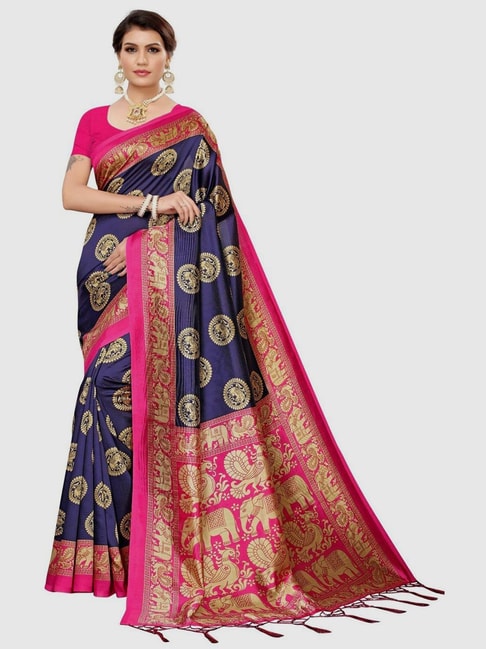 Sangam Prints Navy Printed Saree With Unstitched Blouse Price in India