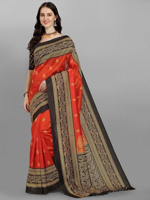 Sangam Prints Red Printed Saree With Unstitched Blouse Price in India