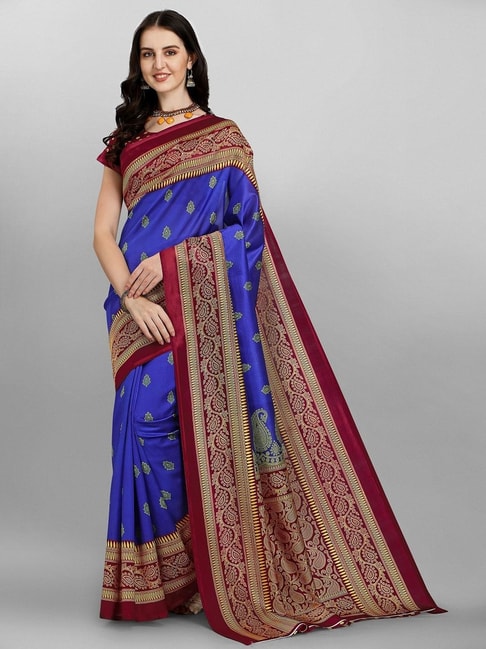 Sangam Prints Blue Printed Saree With Unstitched Blouse Price in India