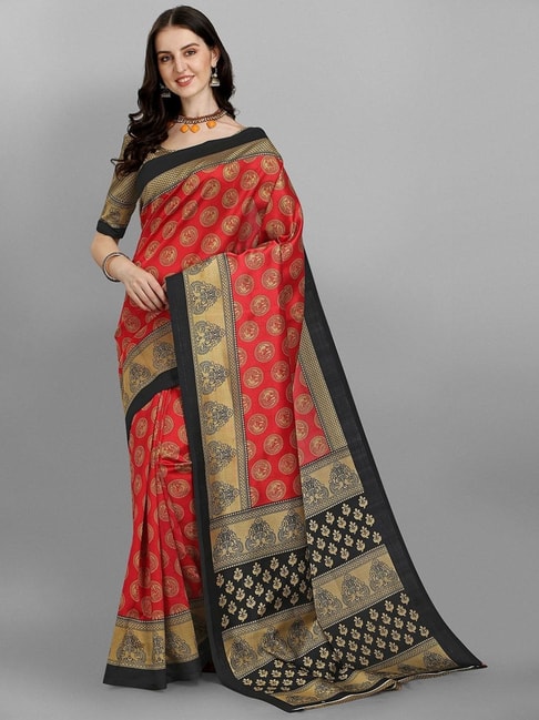Sangam Prints Red Printed Saree With Unstitched Blouse Price in India