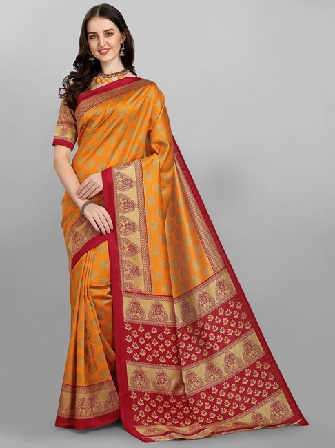 Sangam Prints Mustard Printed Saree With Unstitched Blouse Price in India