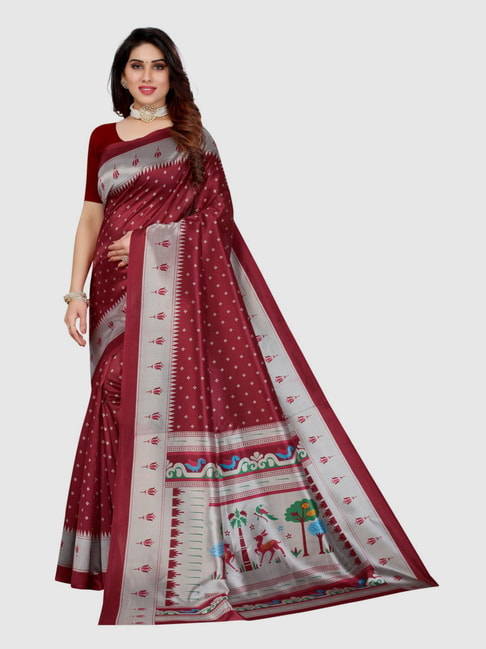 Sangam Prints Maroon Printed Saree With Unstitched Blouse Price in India