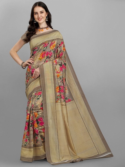 Sangam Prints Beige Printed Saree With Unstitched Blouse Price in India