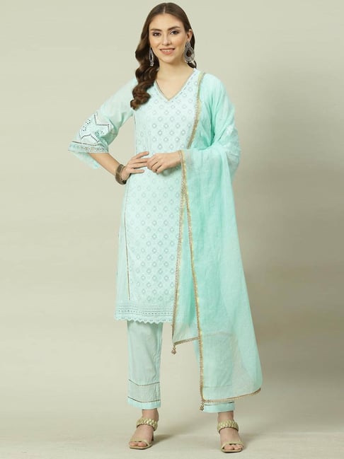 Biba Mint Green Cotton Embroidered Kurta Pant Set With Dupatta