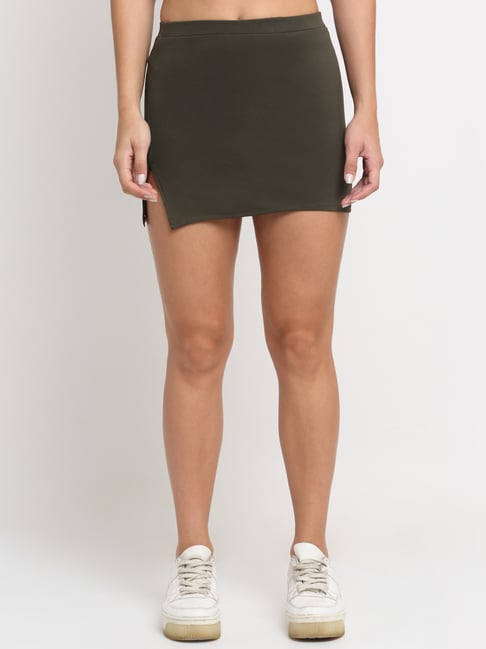 EVERDION Olive Mini Slit Skirt Price in India