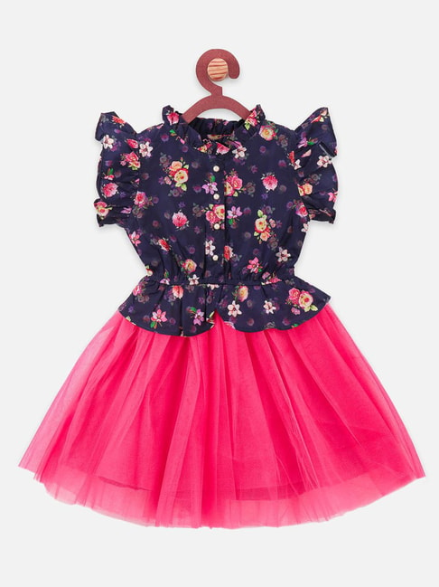 LilPicks Kids Navy & Pink Floral Print Dress
