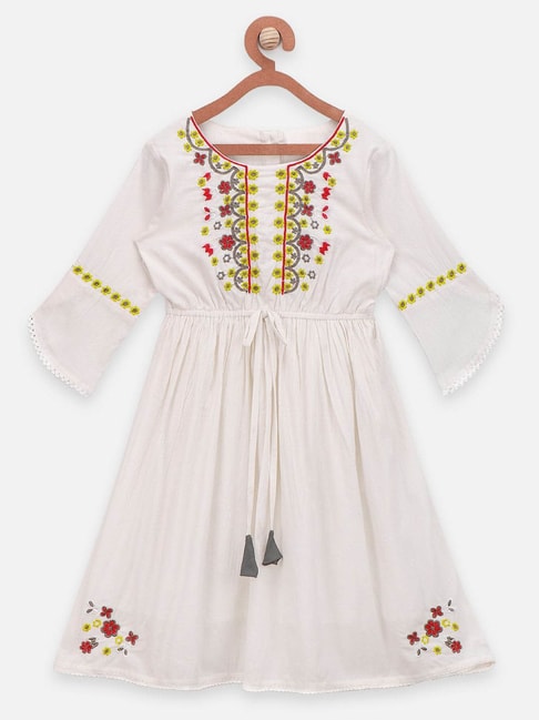 LilPicks Kids White Cotton Embroidered Full Sleeves Dress