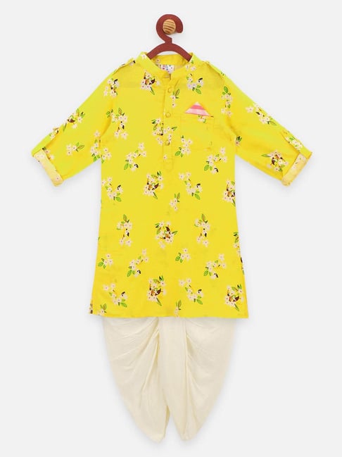 LilPicks Kids Yellow & White Cotton Floral Print Full Sleeves Kurta Set