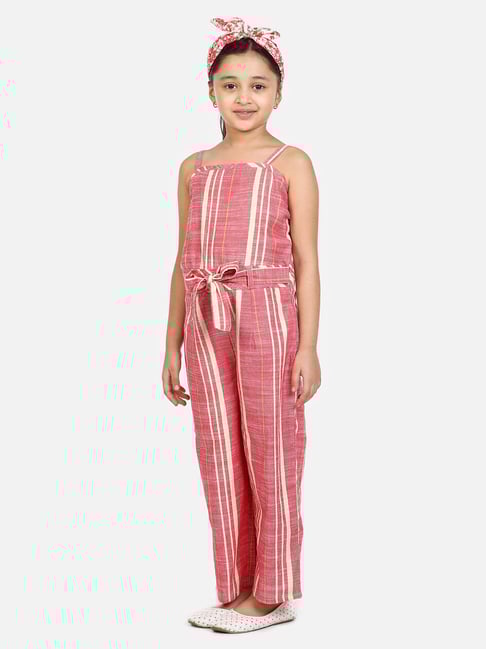 Buy Lilpicks Kids Red Cotton Striped Jumpsuit for Girls Clothing