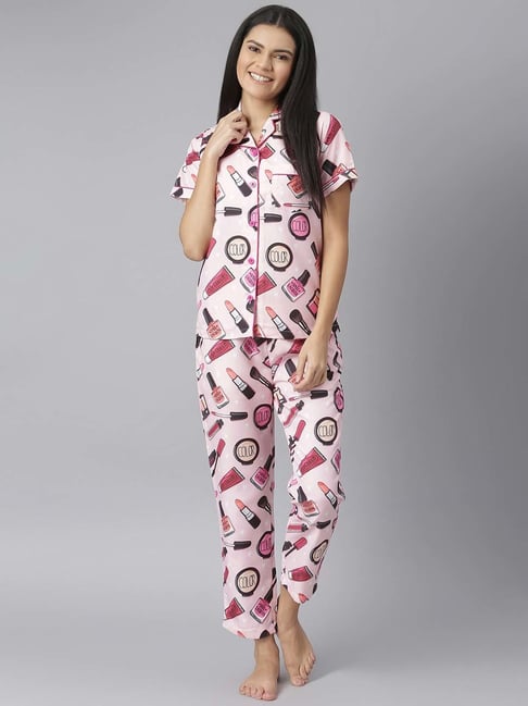 Buy StyleStone Pink Lipstick Print Shirt With Pyjamas for Women's