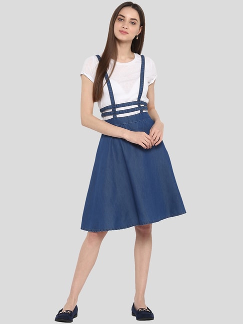 StyleStone Blue & White Pinafore A Line Dress Price in India