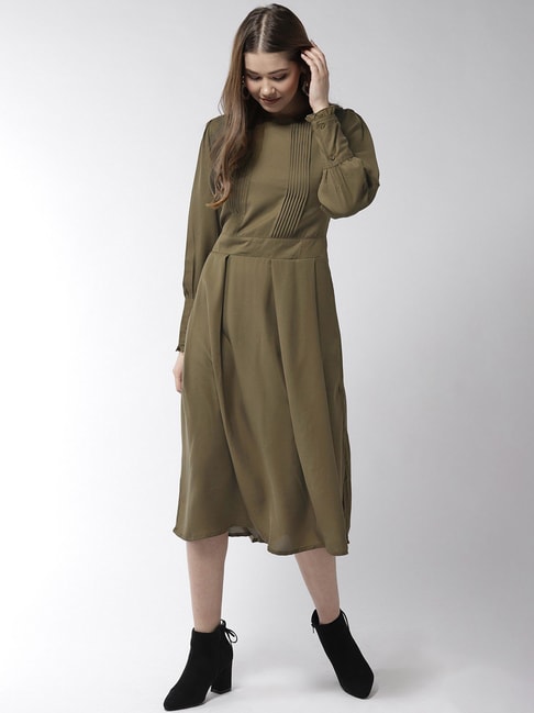 StyleStone Olive Pleated A Line Dress Price in India