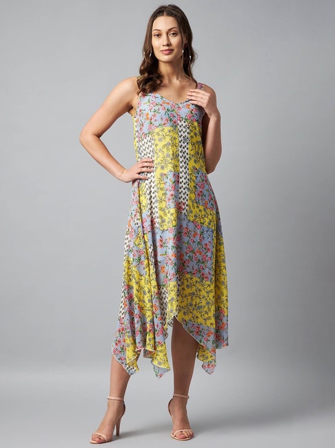 StyleStone Yellow Floral Print High-Low Dress Price in India