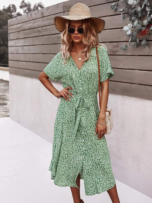 Style Quotient Green Floral Print Midi Shirt Dress Price in India