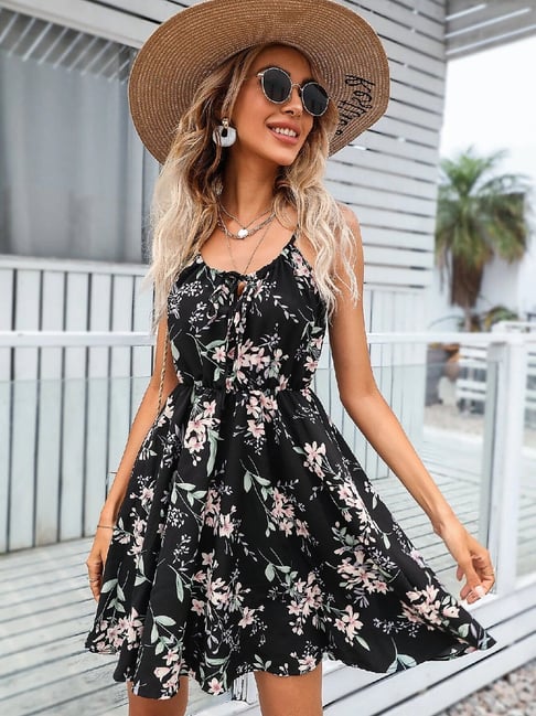 Style Quotient Black Floral Print Mini Fit & Flare Dress Price in India