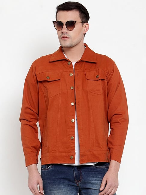 Buy VOXATI Dark Orange Full Sleeves Shirt Collar Denim Jacket for