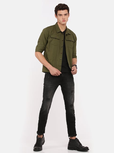 Green Denim Jacket with Flap Pockets
