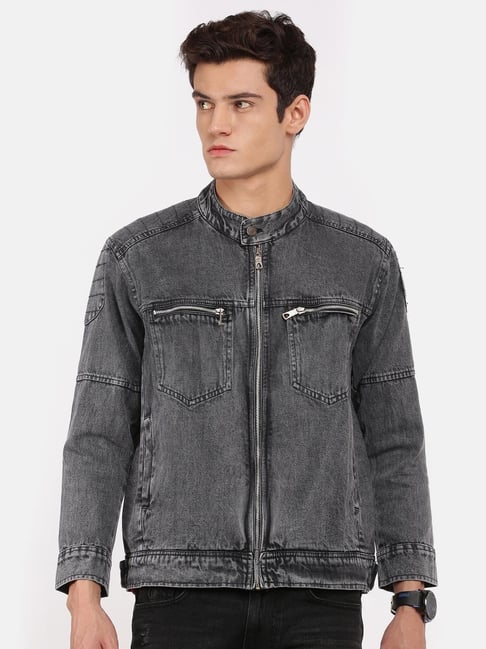 Maiyifu-GJ Men's Fleece Lined Denim Jacket Stand Collar Distressed Biker Jean  Jacket Slim Fit Zipper Warm Moto Trucker Coat (Black,Medium) at Amazon  Men's Clothing store