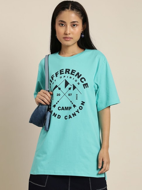 Difference of Opinion Green Cotton Printed T-shirt Price in India