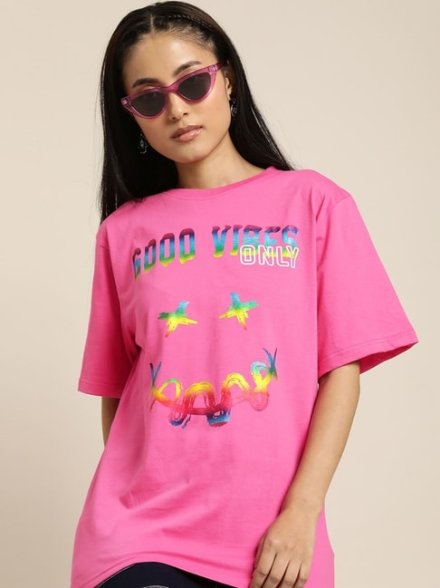 Difference of Opinion Pink Cotton Printed T-shirt Price in India