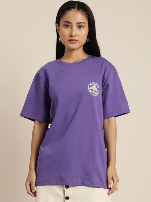 Difference of Opinion Purple Cotton Printed T-shirt Price in India