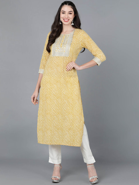 Kipek Yellow Cotton Embroidered Straight Kurta Price in India