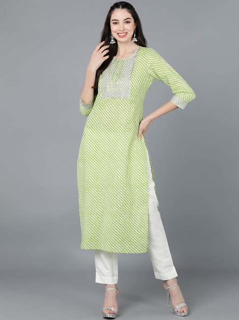 Kipek Green Cotton Embroidered Straight Kurta Price in India