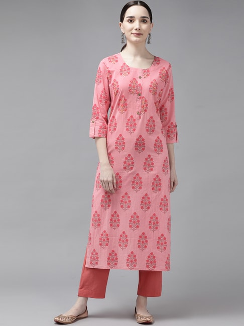 Yufta Pink Cotton Printed Straight Kurta Price in India
