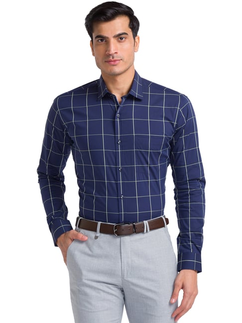 Park Avenue Navy Slim Fit Checks Shirt