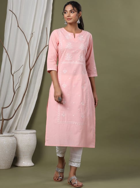 Juniper Pink Cotton Embroidered Straight Kurta Price in India