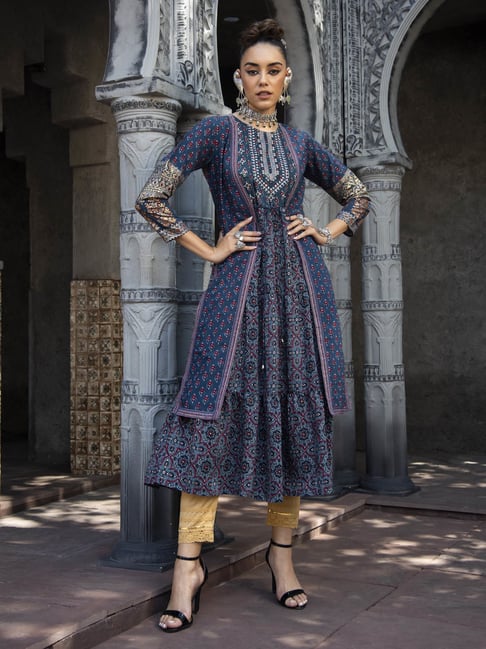 Buy Juniper Teal Blue Floral Print A Line Kurta for Women Online @ Tata CLiQ