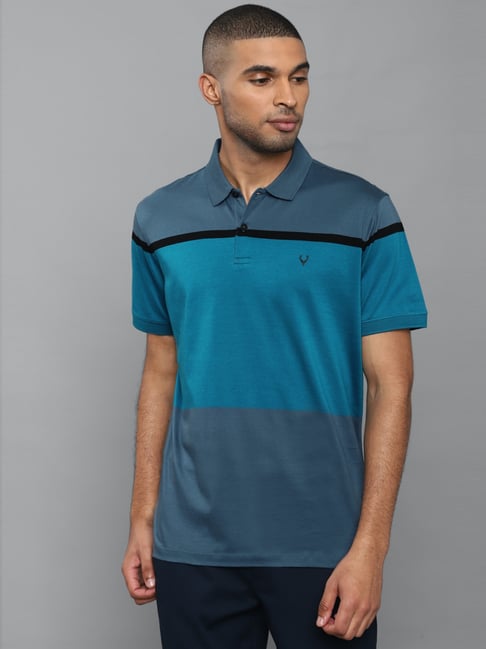 Allen Solly Blue Cotton Regular Fit Colour Block Polo T-Shirt