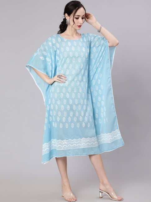 Aks Blue Cotton Printed A-Line Kaftan Price in India