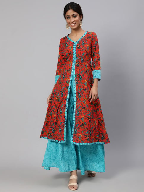 Aks Red & Sky Blue Cotton Printed Kurta Palazzo Set