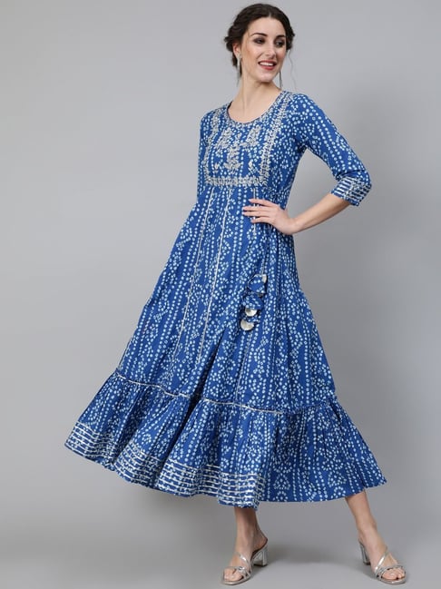 Aks Blue Cotton Embroidered Maxi Dress Price in India