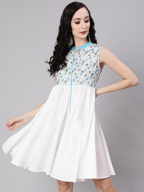 Aks White Cotton Printed A-Line Dress Price in India