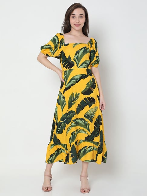 Vero Moda Yellow & Green Printed Midi Dress