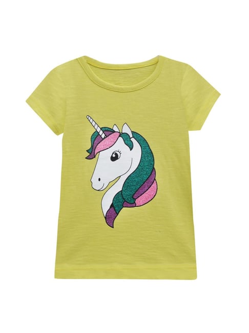 A.T.U.N. Girls Lemon Yellow Unicorn Printed T-Shirt