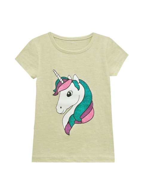 A.T.U.N. Girls Beige Unicorn Printed T-Shirt