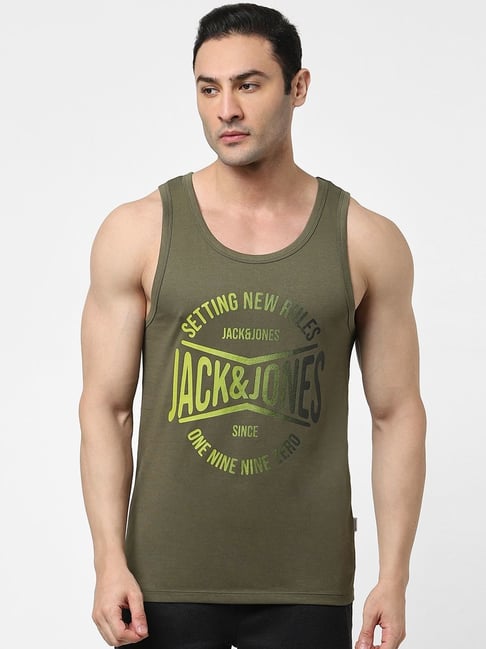 Jack & Jones Olive Cotton Regular Fit Printed Vest