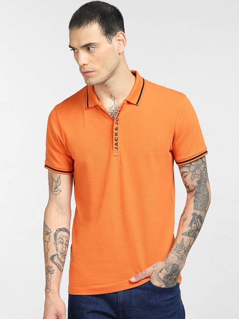 Jack Jones Burnt Orange Cotton Slim Fit Printed Polo TShirt