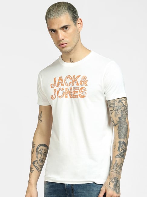 Jack & Jones White Cotton Slim Fit Printed T-Shirt