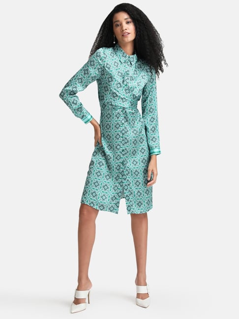 Kazo Green Geometric Print Midi Wrap Dress Price in India