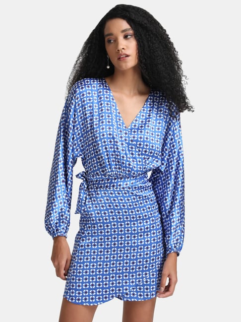 Kazo Blue Geometric Print Mini Wrap Dress Price in India