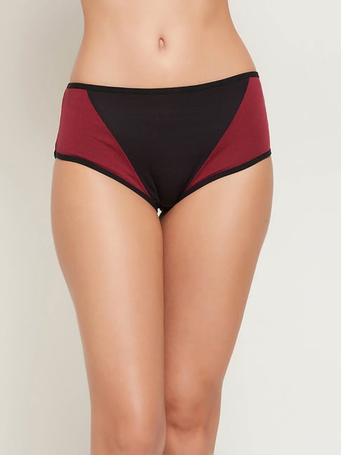 Clovia Black & Maroon Cotton Hipster Panty Price in India