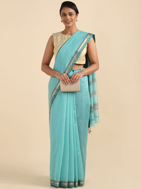 Taneira Sky Blue Cotton Silk Woven Saree With Unstitched Blouse Price in India
