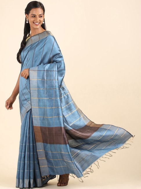 Taneira Blue Striped Saree With Unstitched Blouse Price in India