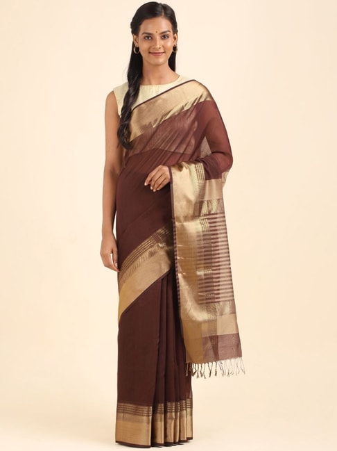 Taneira Brown Cotton Silk Woven Saree With Unstitched Blouse Price in India