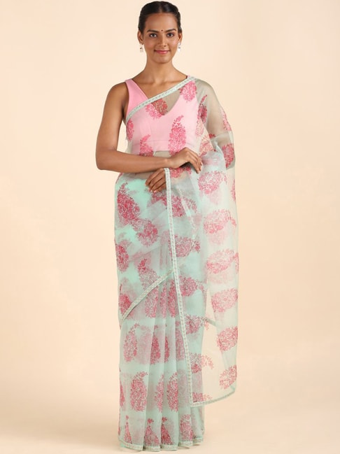 Taneira Green Floral Print Saree With Unstitched Blouse Price in India