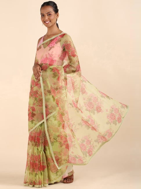 Taneira Green Floral Print Saree With Unstitched Blouse Price in India